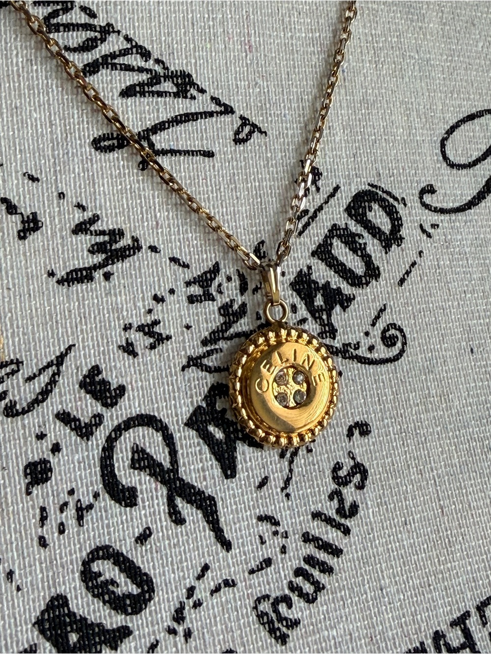 Celine Rhinestone Logo Medallion Necklace – Gold Plated Designer Jewelry 20in